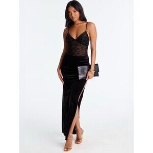 Fashion Nova Black Velvet Maxi Skirt XS S NWT High Slit Ruched High Waist